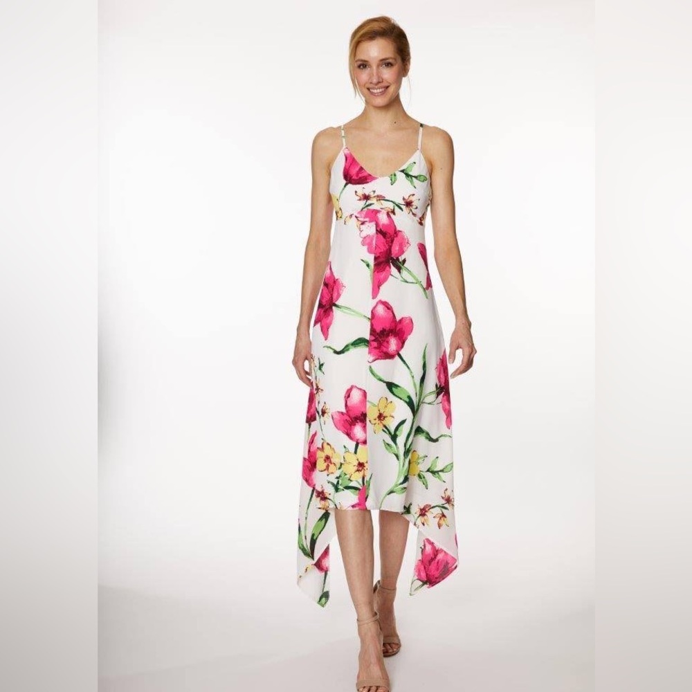 Laundry by Shelli Segal Floral Spaghetti Strap Asymmetrical Midi Dress | Size 2